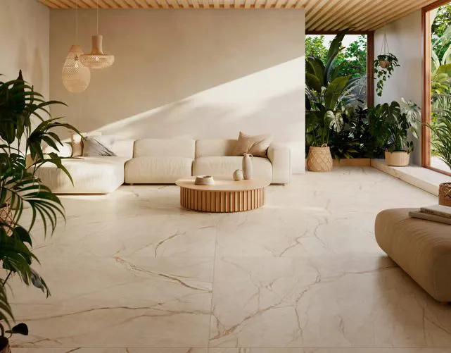 Reception elegante con pavimento e rivestimento in gres marmo Canela Roma beige
